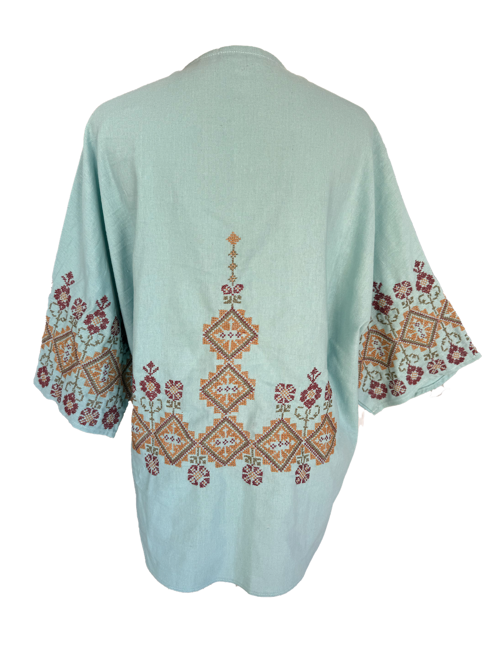 The Short Sleeve Linen Jacket With Hand Embroidery in Blue and Orange