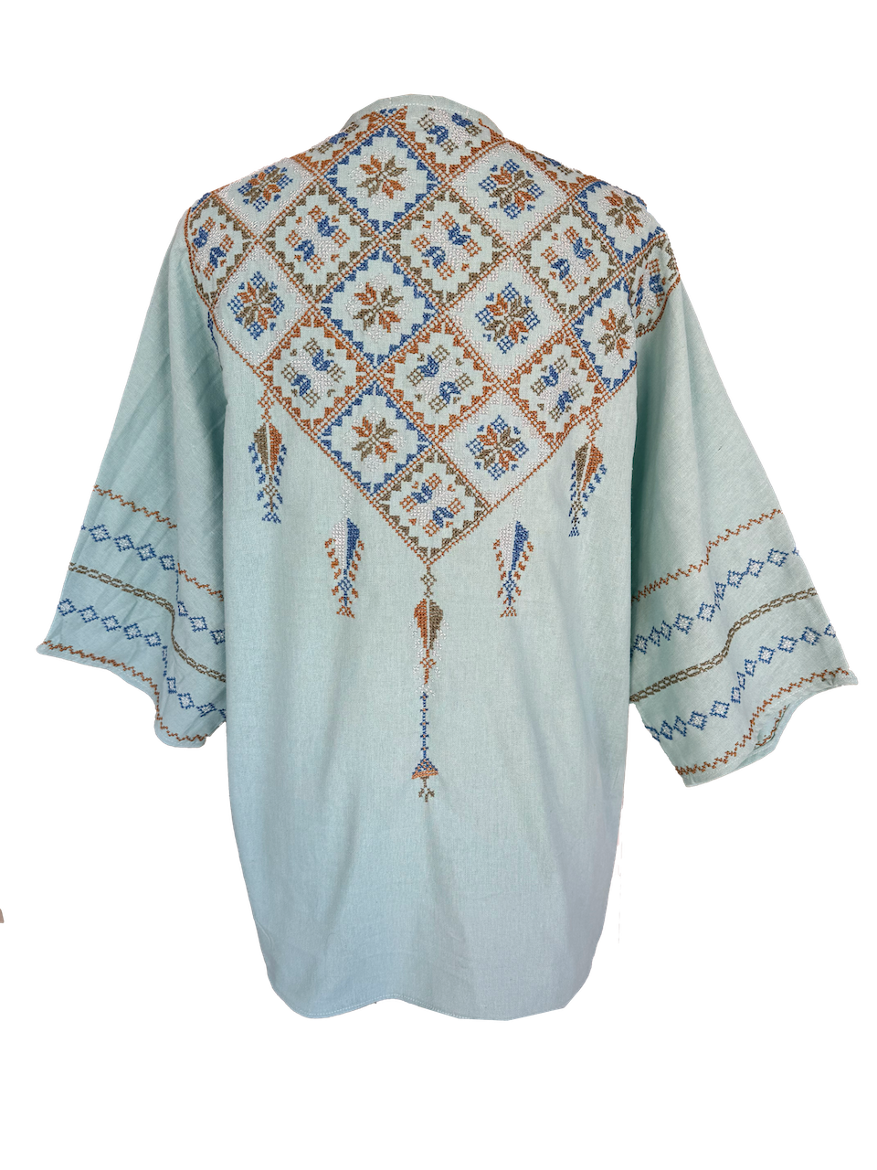 The Short Sleeve Linen Jacket With Hand Embroidery in Blue and Brown