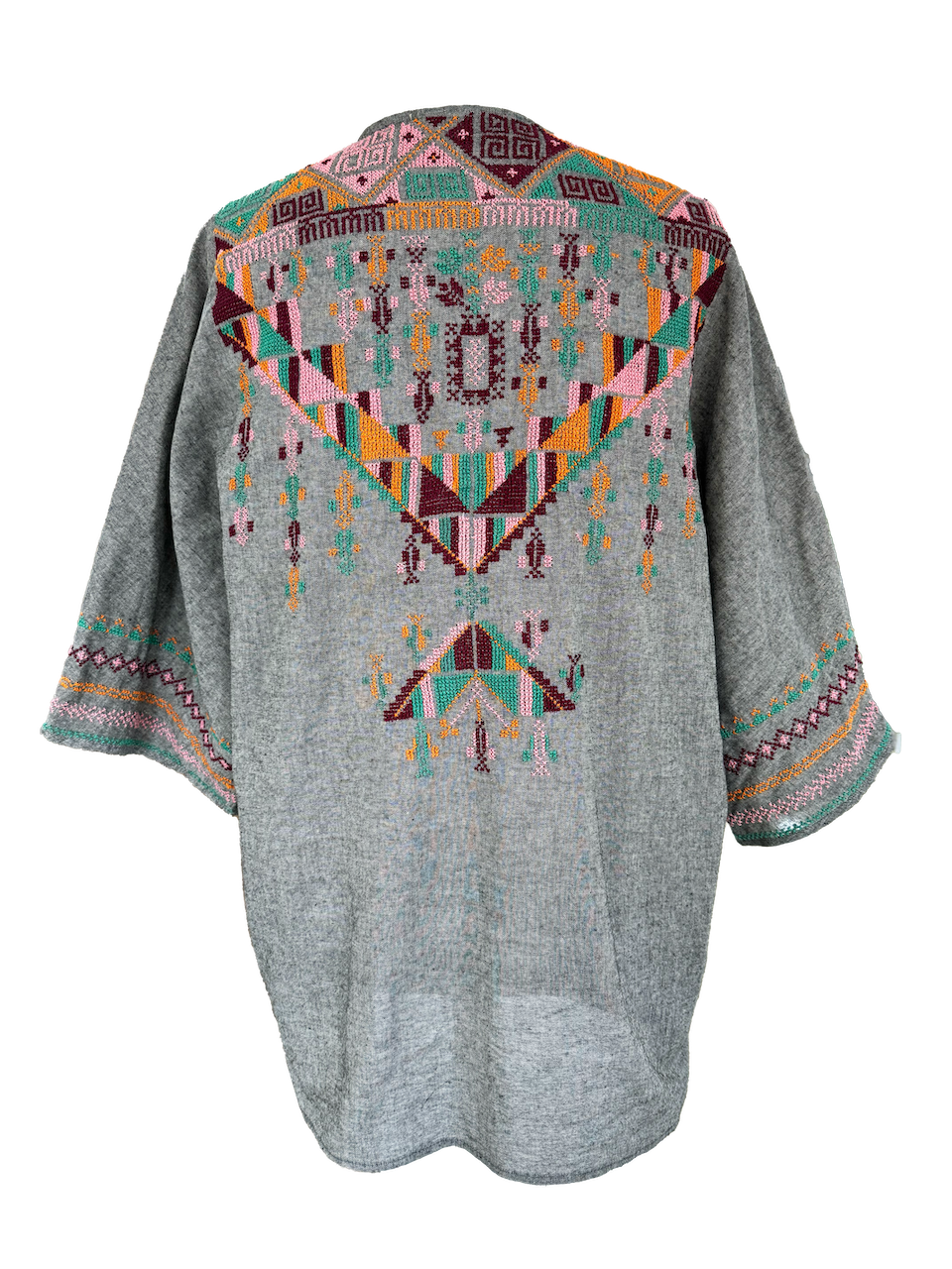 The Short Sleeve Linen Jacket With Hand Embroidery in Grey and Pink