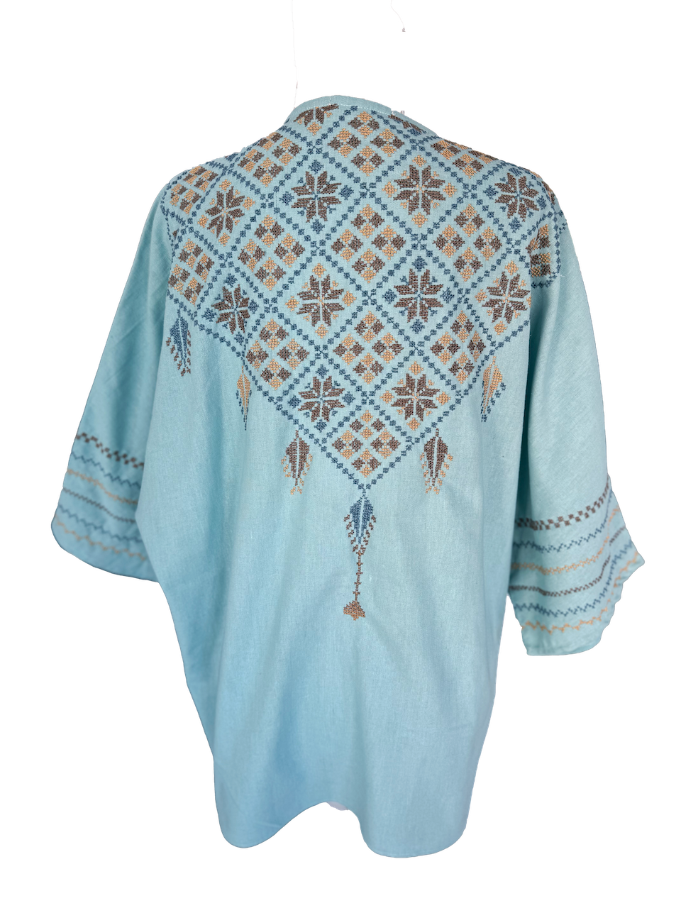 The Short Sleeve Linen Jacket With Hand Embroidery in Blue and Beige