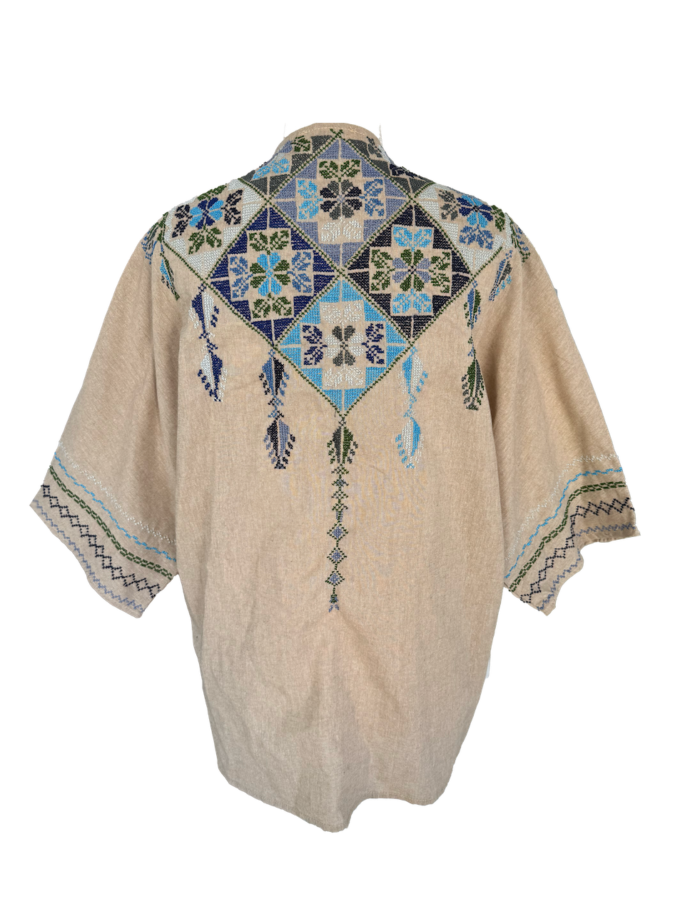The Short Sleeve Linen Jacket With Hand Embroidery in Beige and Navy Blue