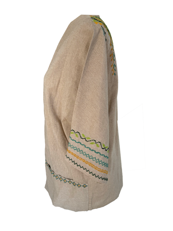 The Short Sleeve Linen Jacket With Hand Embroidery in Beige and Green