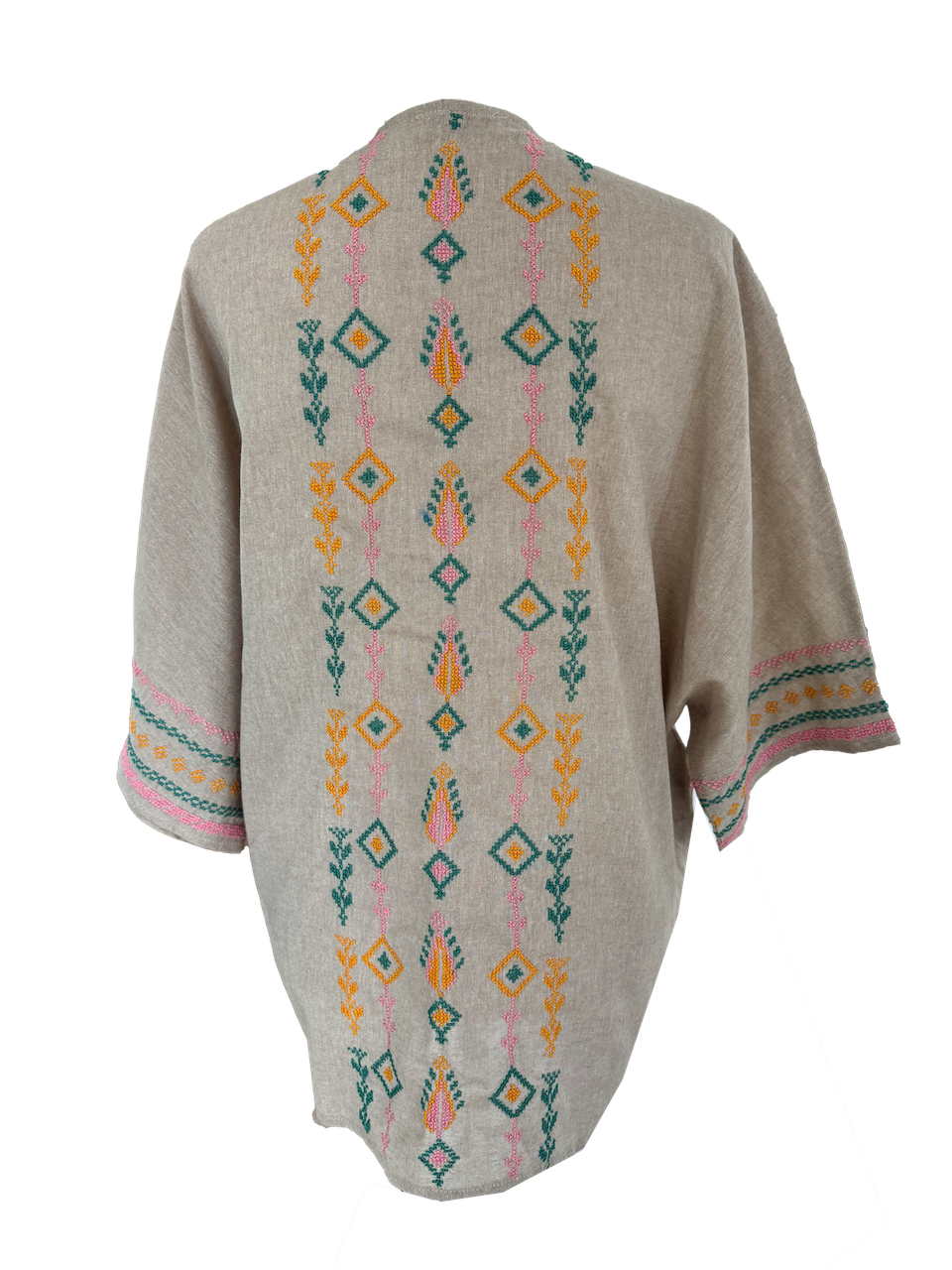 The Short Sleeve Linen Jacket With Hand Embroidery in Beige and Teal