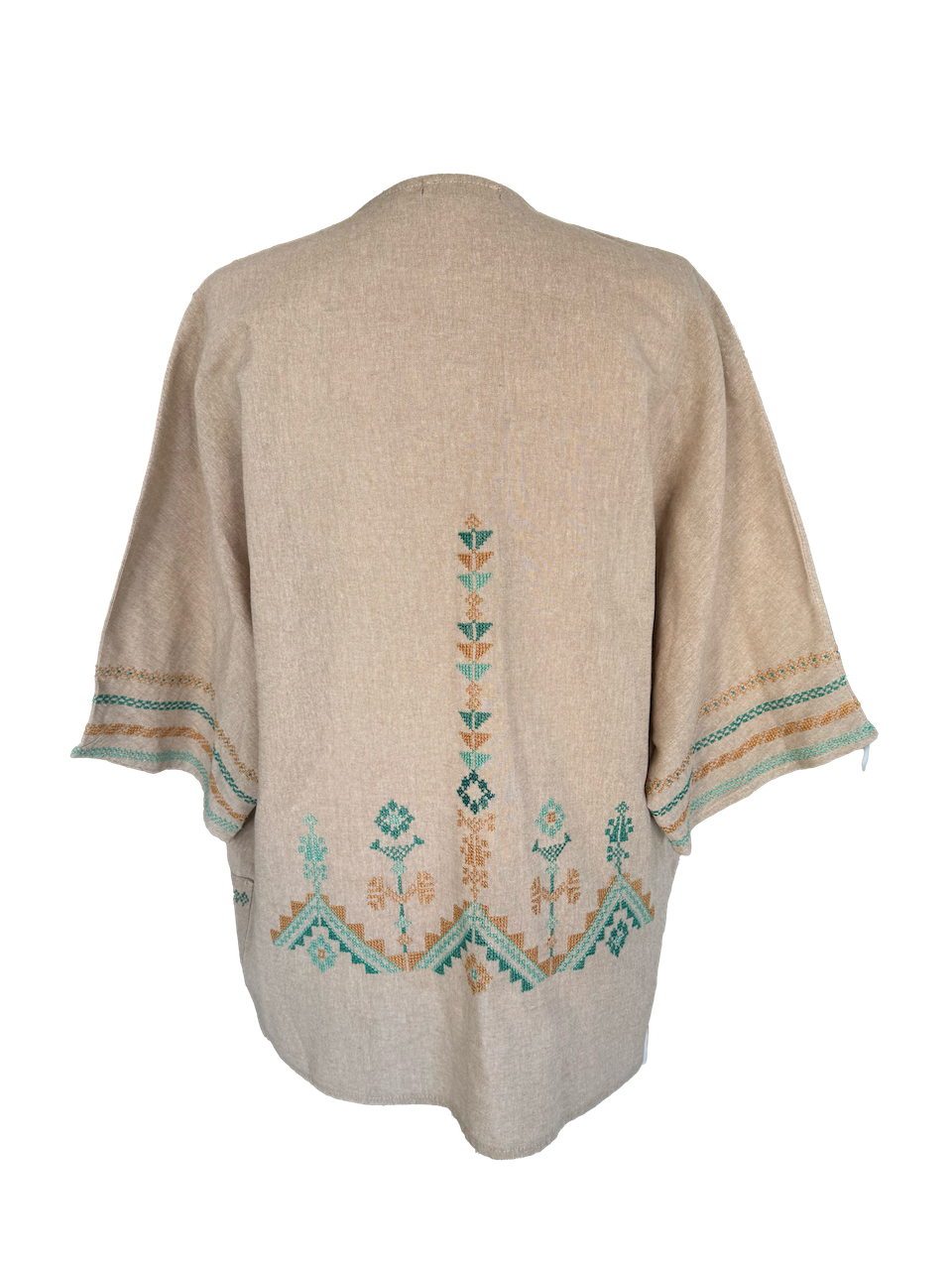 The Short Sleeve Linen Jacket With Hand Embroidery in Beige and Turquoise