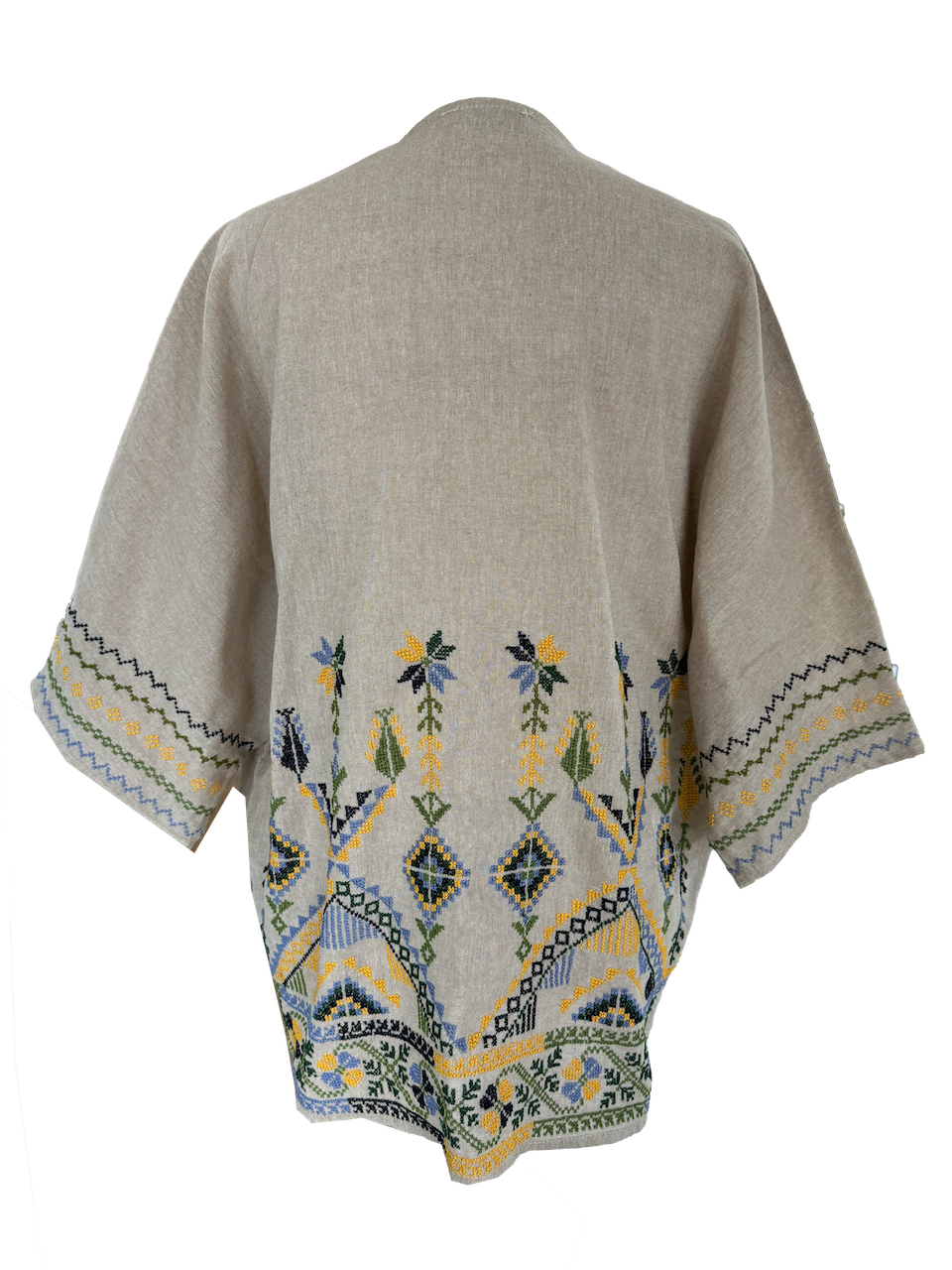 The Short Sleeve Linen Jacket With Hand Embroidery in Beige and Dark Blue