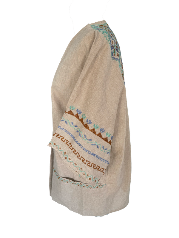 The Short Sleeve Linen Jacket With Hand Embroidery in Beige and Blue