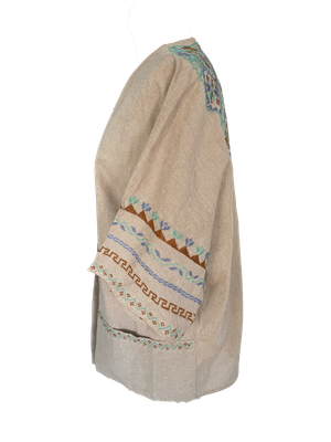 The Short Sleeve Linen Jacket With Hand Embroidery in Beige and Blue