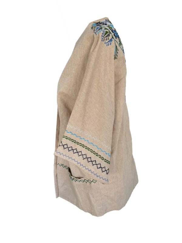 The Short Sleeve Linen Jacket With Hand Embroidery in Beige and Navy Blue