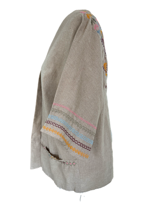 The Short Sleeve Linen Jacket With Hand Embroidery in Beige and Pink