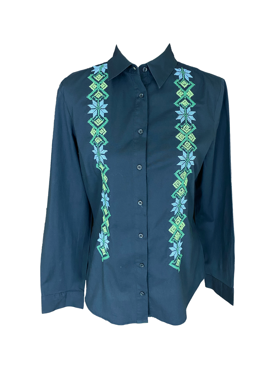Navy Blue Poplin Shirt With Embroidery