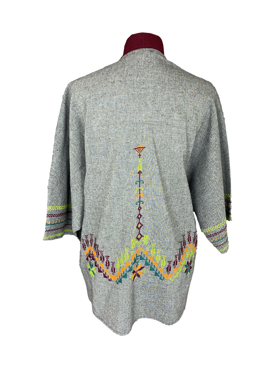 The Short Sleeve Linen Jacket With Hand Embroidery and Thai Silk Lapel in Grey and Teal