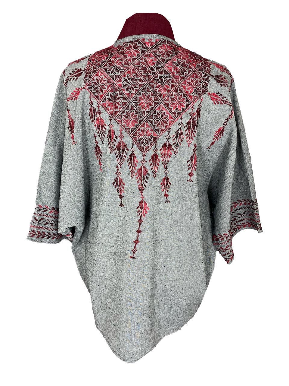 The Short Sleeve Linen Jacket With Hand Embroidery and Thai Silk Lapel in Grey and Red