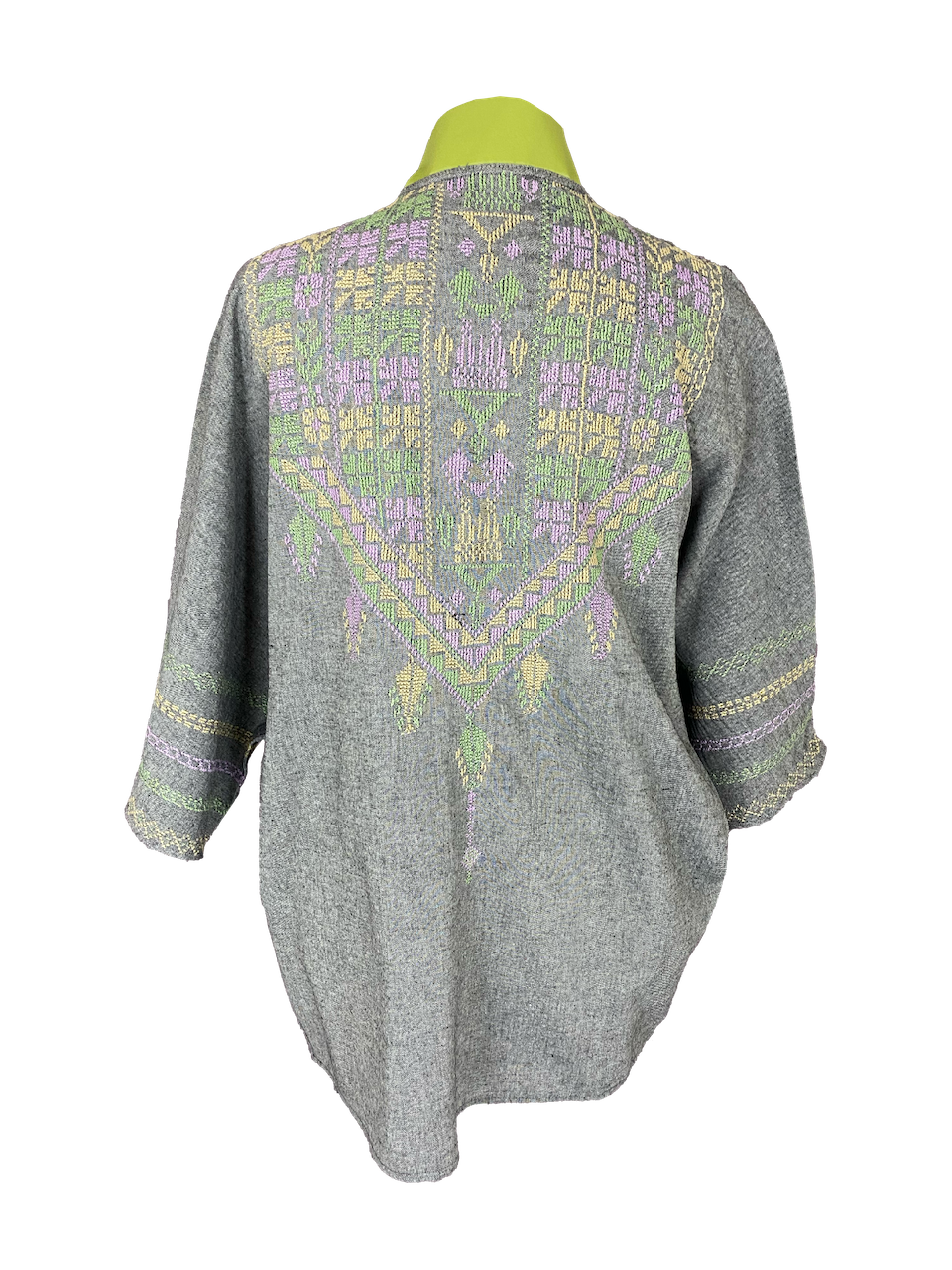 The Short Sleeve Linen Jacket With Hand Embroidery and Thai Silk Lapel in Grey and Lime Green