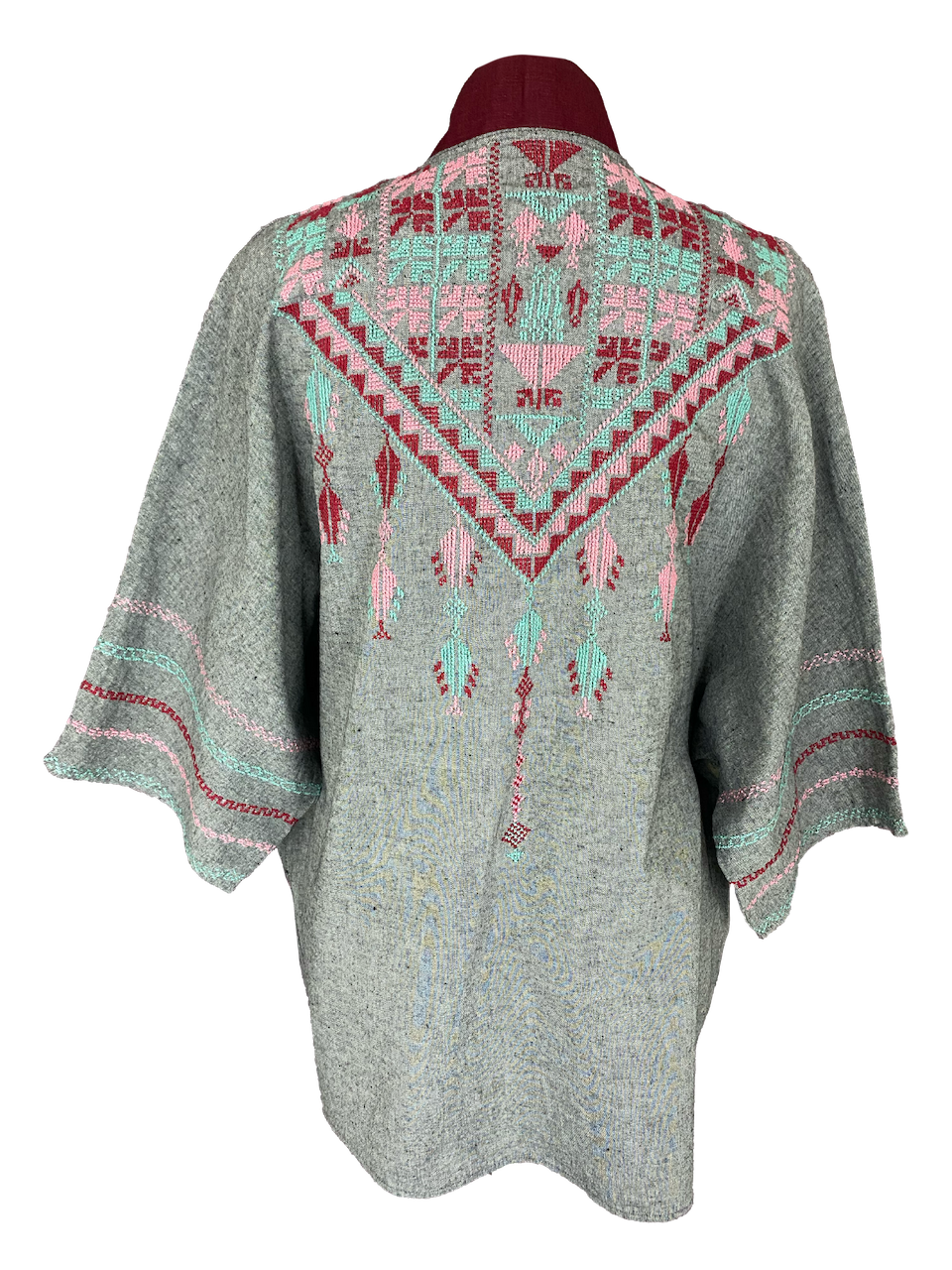 The Short Sleeve Linen Jacket With Hand Embroidery and Thai Silk Lapel in Grey and Pink