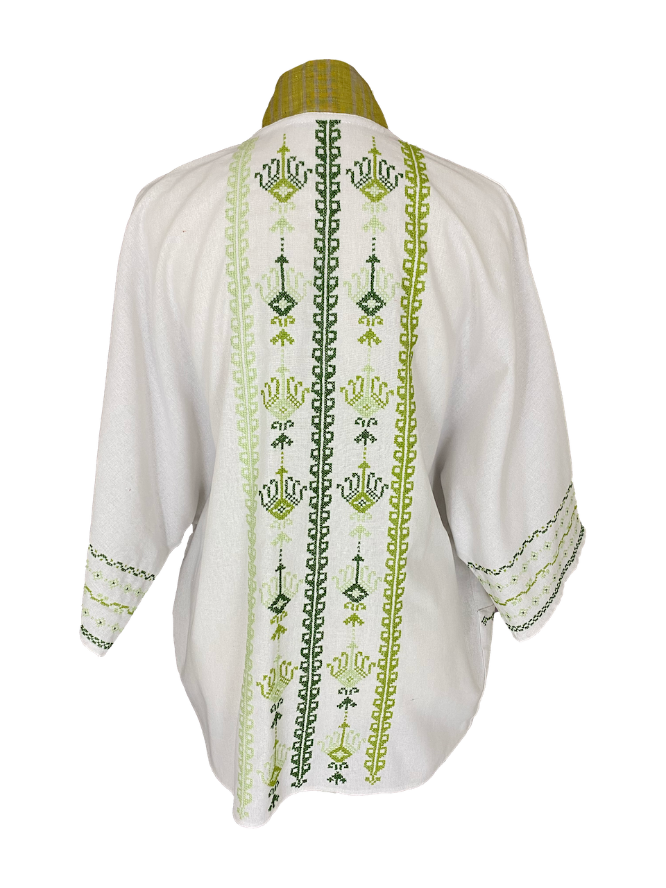 The Short Sleeve Linen Jacket With Hand Embroidery and Thai Silk Lapel in White and Green