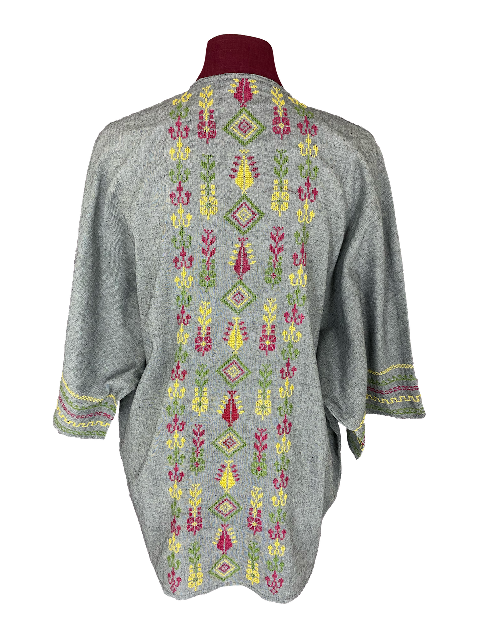 The Short Sleeve Linen Jacket With Hand Embroidery and Thai Silk Lapel in Grey and Yellow