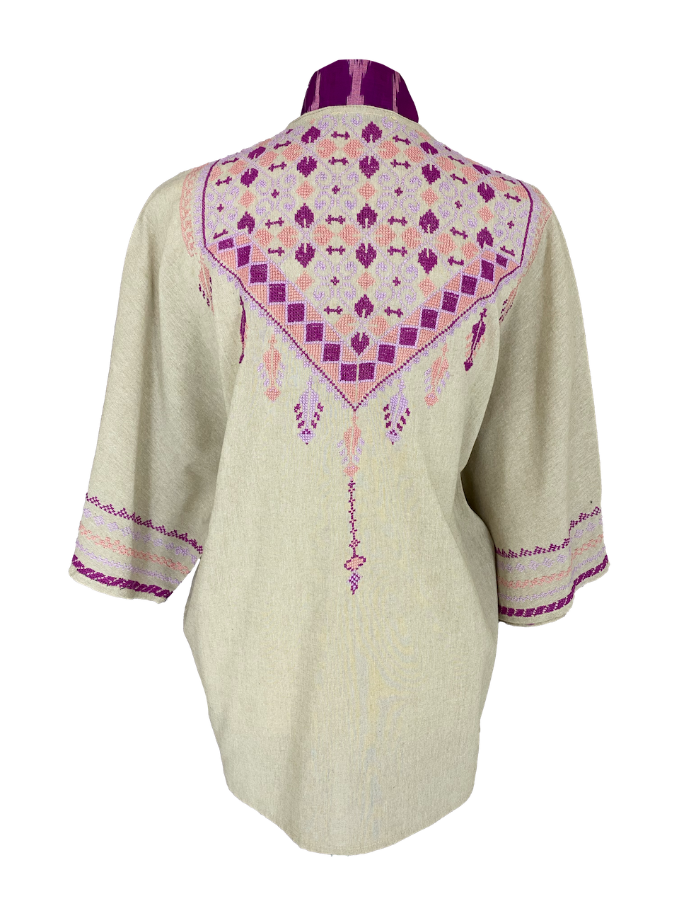 The Short Sleeve Linen Jacket With Hand Embroidery and Thai Silk Lapel in Beige and Pink