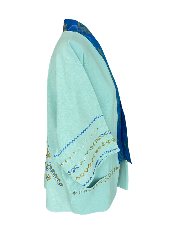 The Short Sleeve Linen Jacket With Hand Embroidery and Thai Silk Lapel in Turquoise