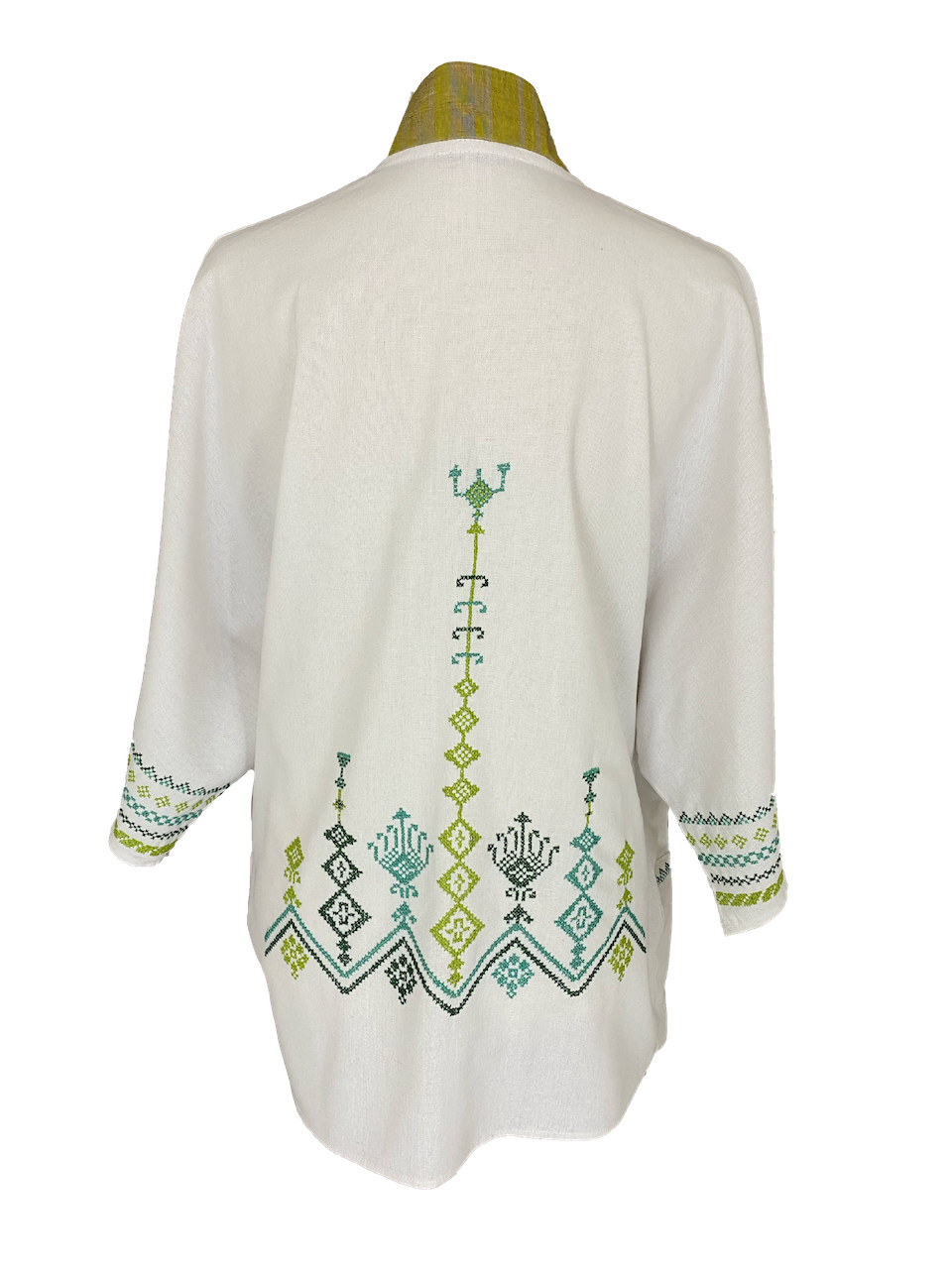 The Short Sleeve Linen Jacket With Hand Embroidery and Thai Silk Lapel in White