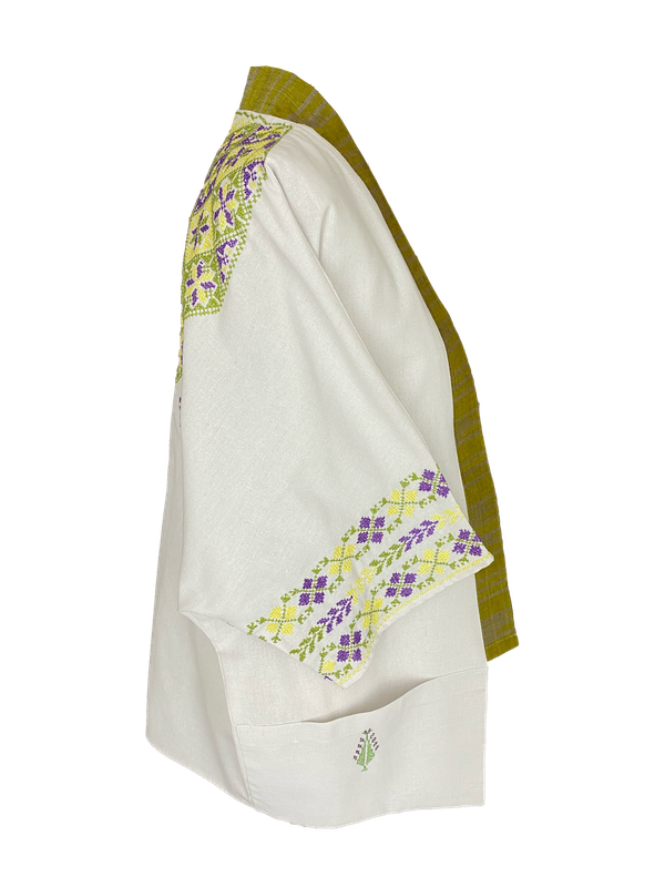 The Short Sleeve Linen Jacket With Hand Embroidery and Thai Silk Lapel in White and Yellow