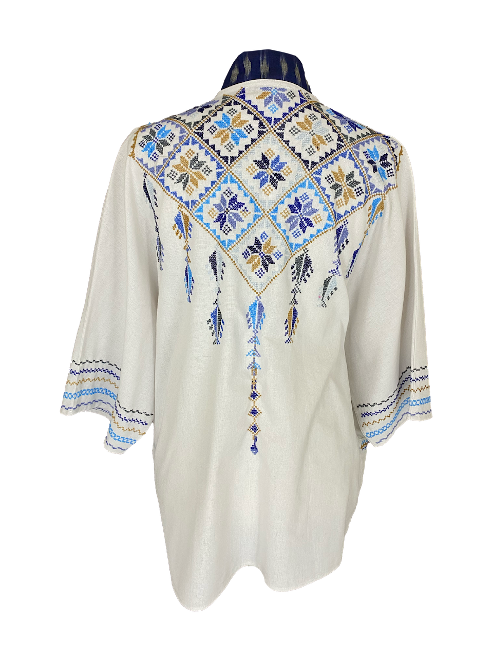 The Short Sleeve Linen Jacket With Hand Embroidery and Thai Silk Lapel in White and Blue