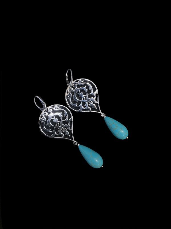 Arabesque Earrings with Turquoise Stone Drop in Silver