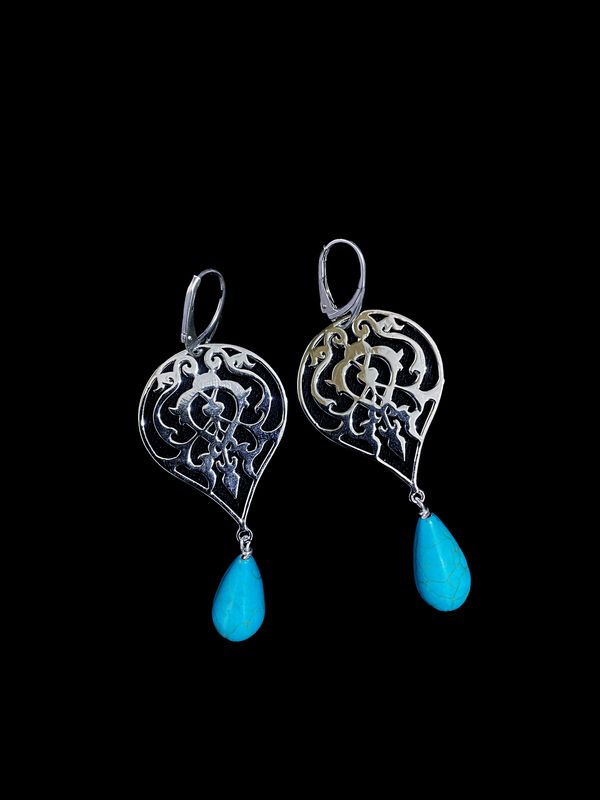 Arabesque Earrings with Turquoise Stone Drop in Silver