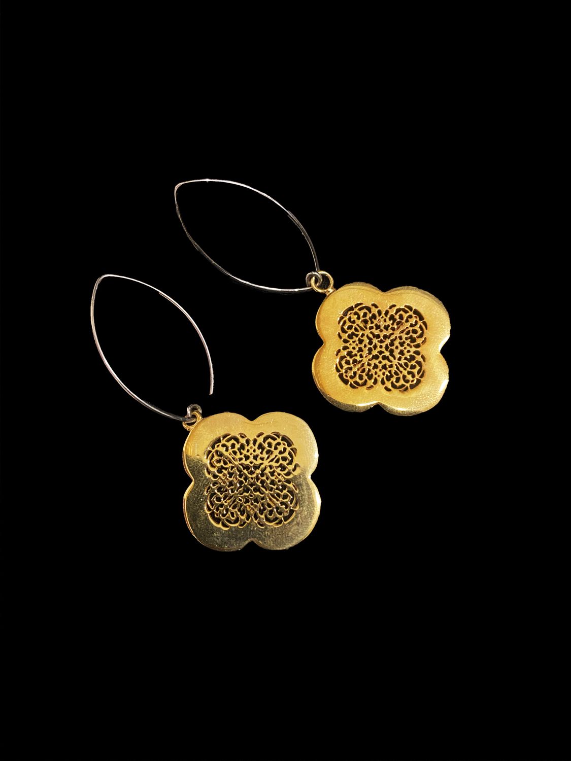Small Oval Hook Earrings With Gold Plated Clover Motif