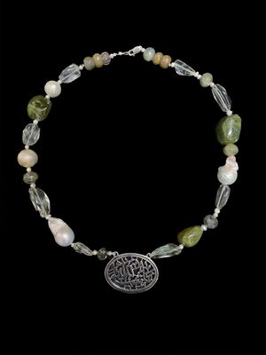 Mixed Stone Masha&#39;Allah Oval Necklace in Silver