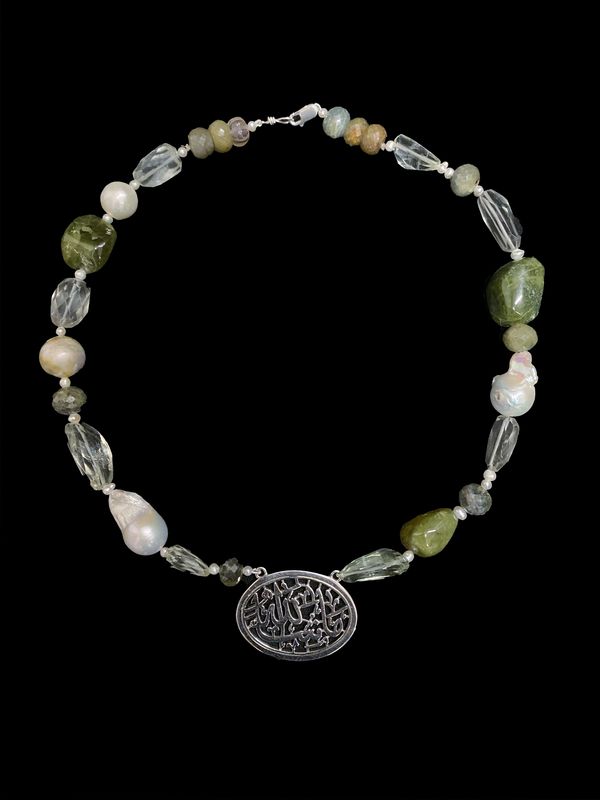 Mixed Stone Masha&#39;Allah Oval Necklace in Silver