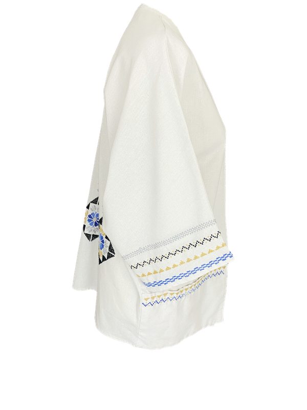 The Short Sleeve Linen Jacket With Hand Embroidery in White
