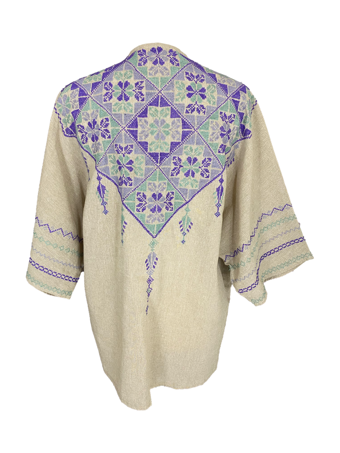 The Short Sleeve Linen Jacket With Hand Embroidery in Beige and Purple