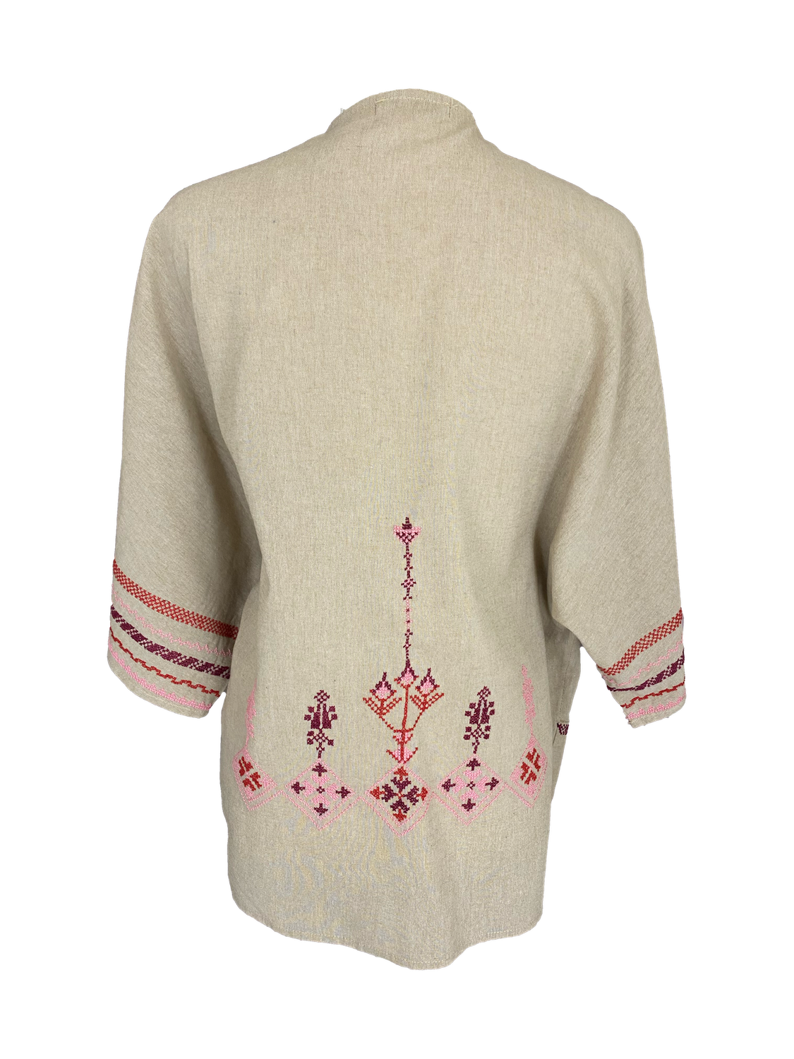 The Short Sleeve Linen Jacket With Hand Embroidery in Beige with Pink