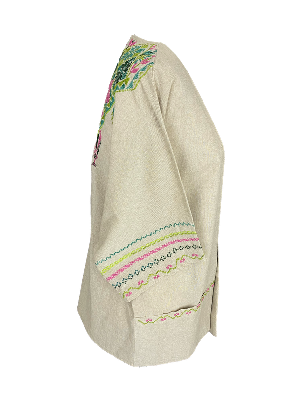 The Short Sleeve Linen Jacket With Hand Embroidery in Beige with Pink and Green