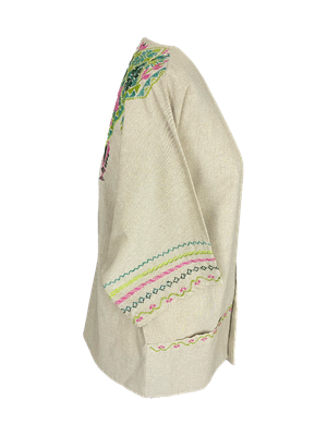 The Short Sleeve Linen Jacket With Hand Embroidery in Beige with Pink and Green
