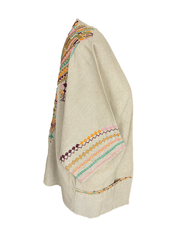 The Short Sleeve Linen Jacket With Hand Embroidery in Beige with  Orange and Teal