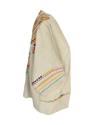 The Short Sleeve Linen Jacket With Hand Embroidery in Beige with  Orange and Teal