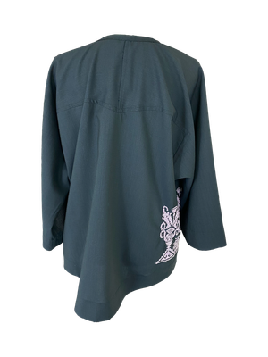 The Kimono Cut Jacket in Navy Blue With Pink Embroidery