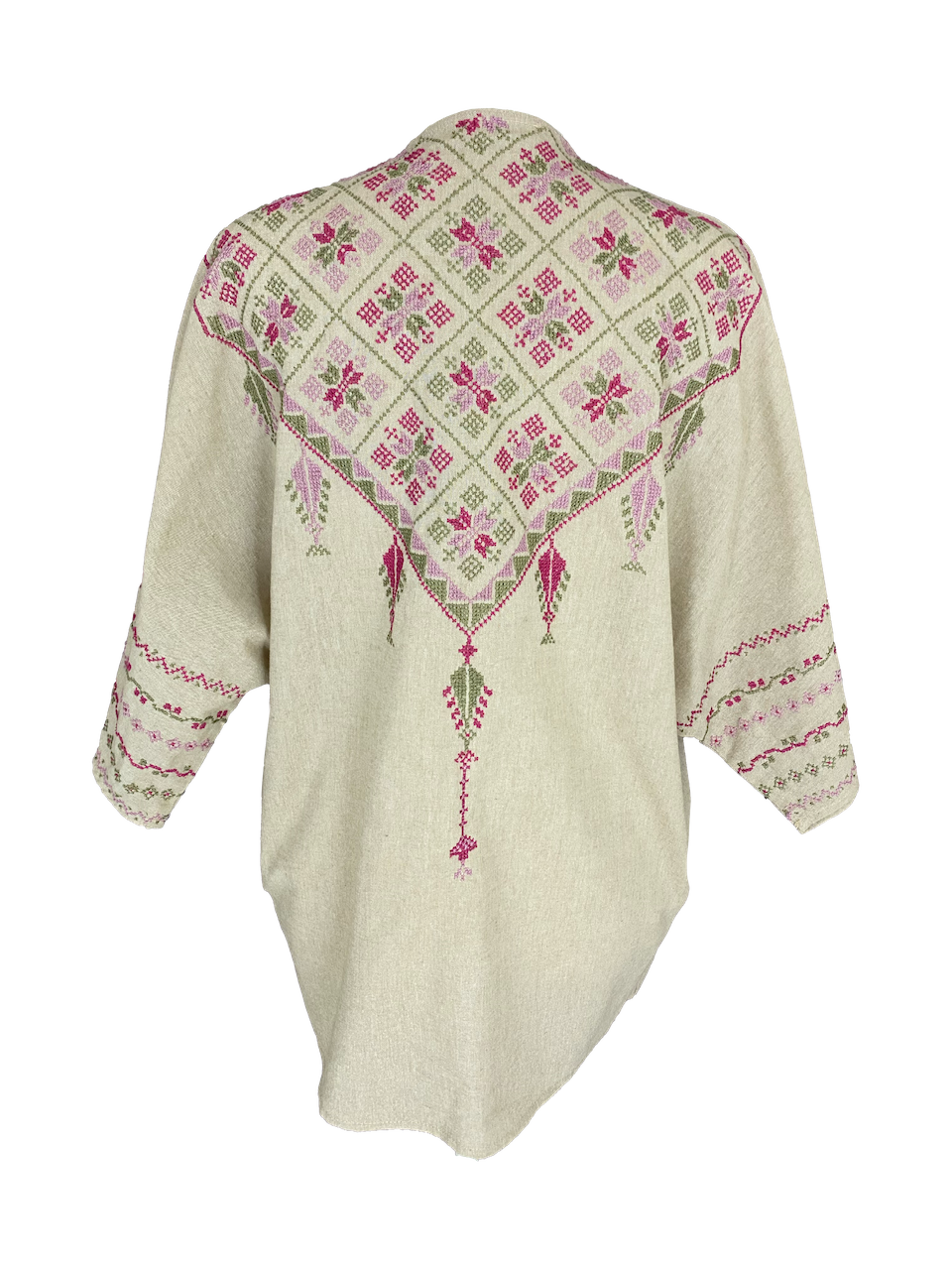 The Short Sleeve Linen Jacket With Hand Embroidery in Beige and Fuschia