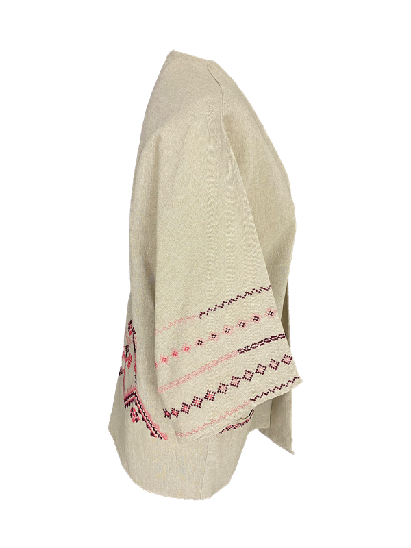 The Short Sleeve Linen Jacket With Hand Embroidery in Beige