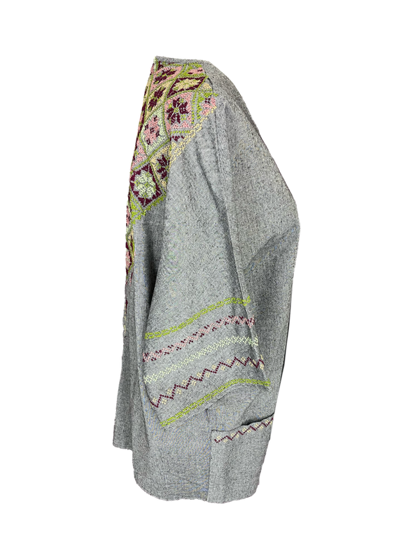 The Short Sleeve Linen Jacket With Hand Embroidery in Grey and Green