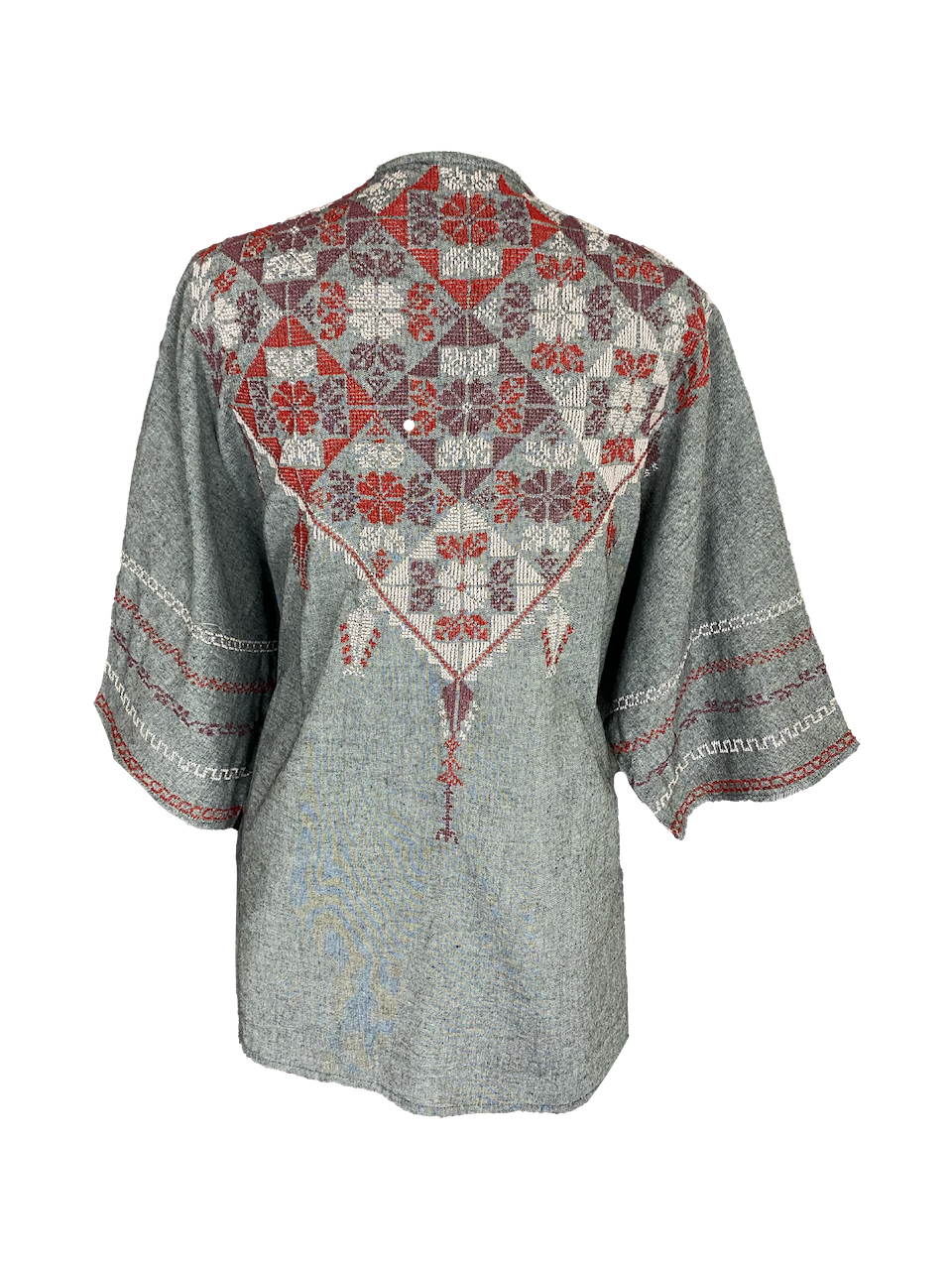 The Short Sleeve Linen Jacket With Heavy Hand Embroidery in Grey and Red