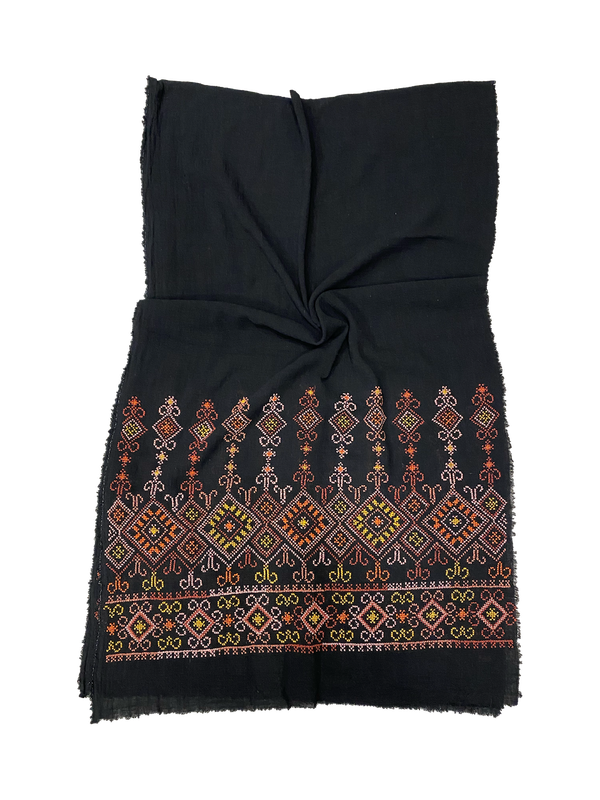 The Wide Embroidered Scarf in Black