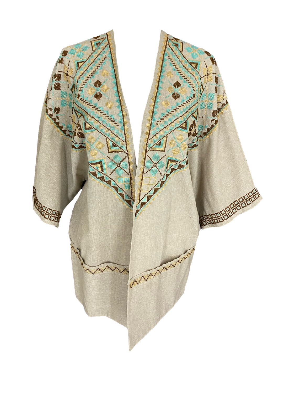 The Short Sleeve Linen Jacket With Hand Embroidery in Beige with Green