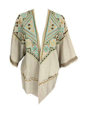 The Short Sleeve Linen Jacket With Hand Embroidery in Beige with Green