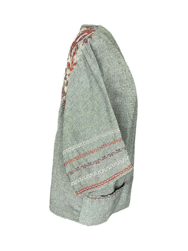The Short Sleeve Linen Jacket With Heavy Hand Embroidery in Grey with Red Embroidery