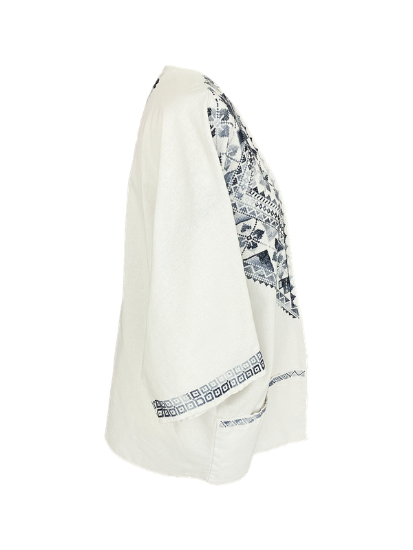 The Short Sleeve Linen Jacket With Heavy Hand Embroidery in White