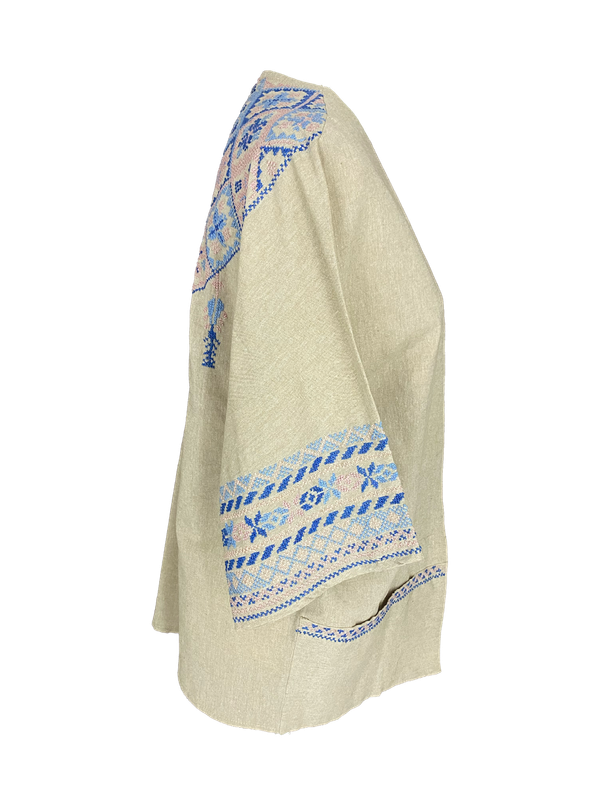 The Short Sleeve Linen Jacket With Hand Embroidery in Beige with Blue