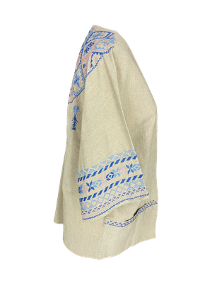 The Short Sleeve Linen Jacket With Hand Embroidery in Beige with Blue