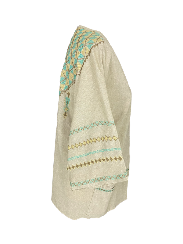 The Short Sleeve Linen Jacket With Hand Embroidery in Beige and Mint Green